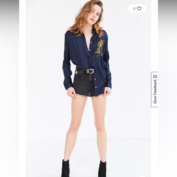 BDG Cowgirl silky Navy Embroidered Navy Women's Top urban outfitters - Picture 2 of 9
